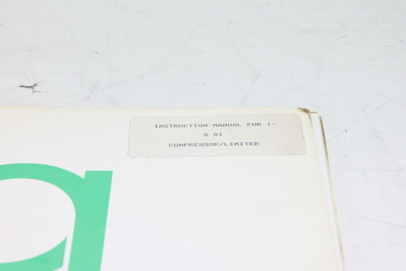 Audio Design S 01 Compressor/Limiter Instruction Manual