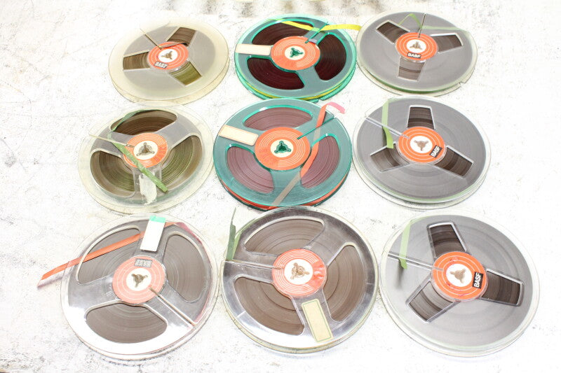 BASF Magnetophonband 1/4" reel tape 5¾" in plastic box USED (9 reels)