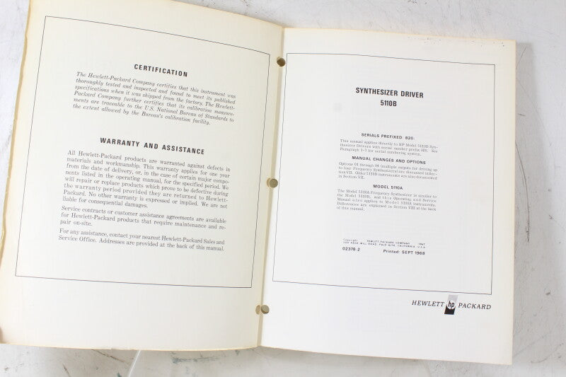 Hewlett Packard 5110B Synthesizer Driver Service Manual