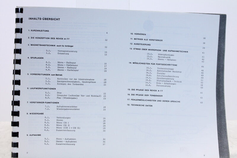 Studer Revox Bandercorder Model A 77 Manual
