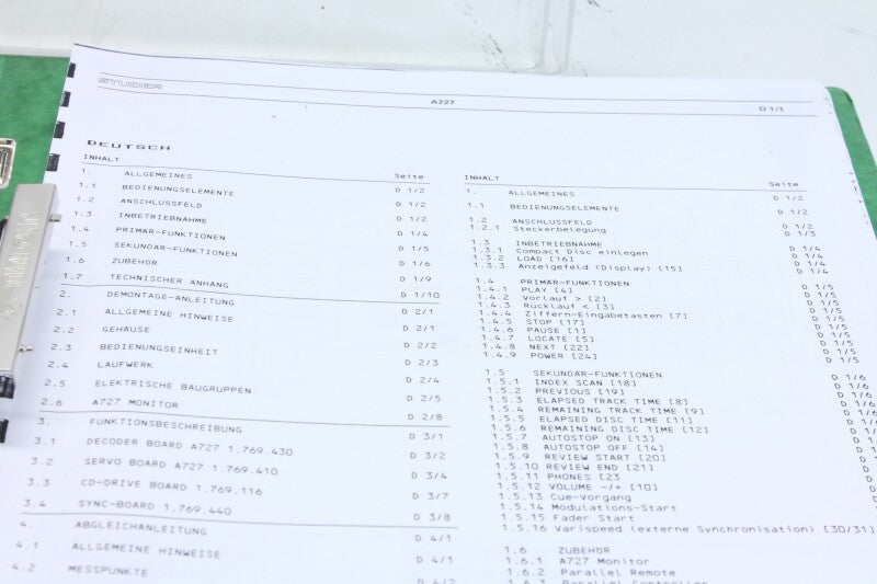 Studer A727 Operating And Service Instructions Manual