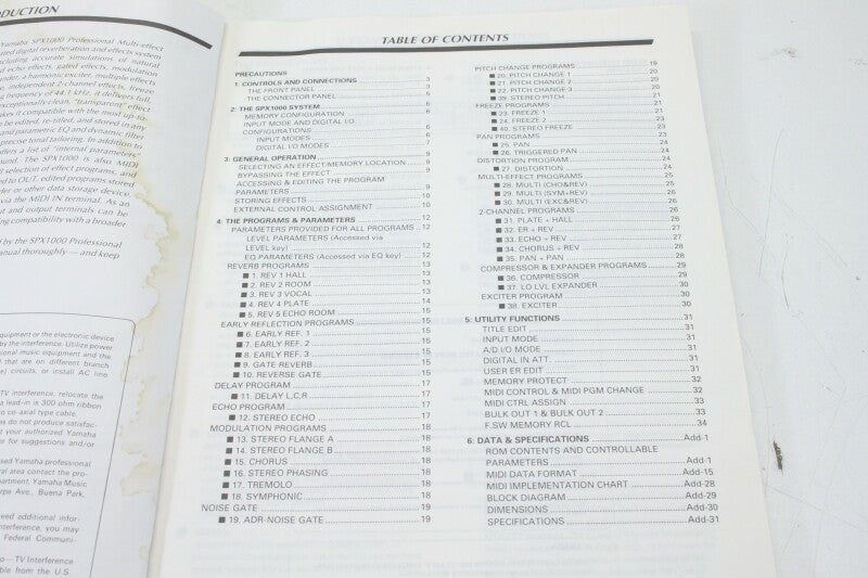 Yamaha SPX1000 Operating manual and Program Table and Mode Booklet