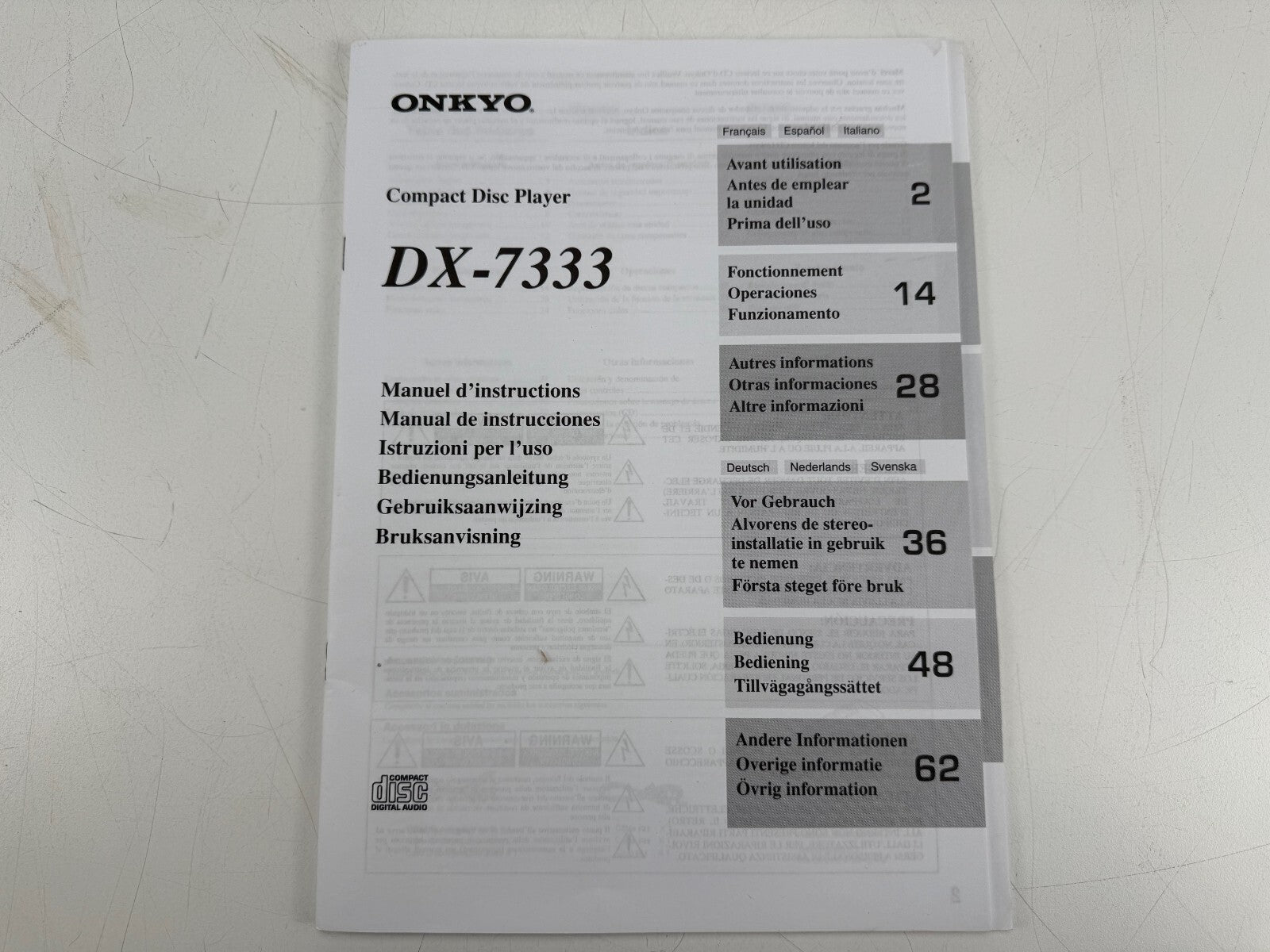 Onkyo DX-7333 Compact Disc Player With Original box - Remote Control - Manuals