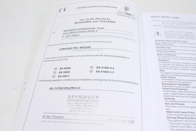 Behringer Composer Pro MDX2200 - Compressor/Limiter - Operating Manual (no.2)