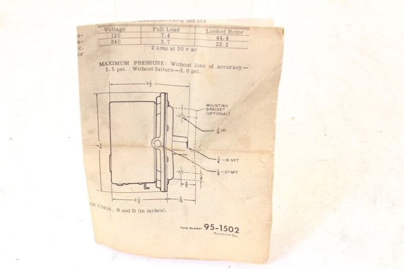 Honeywell C645A 1006 Pressure Switch