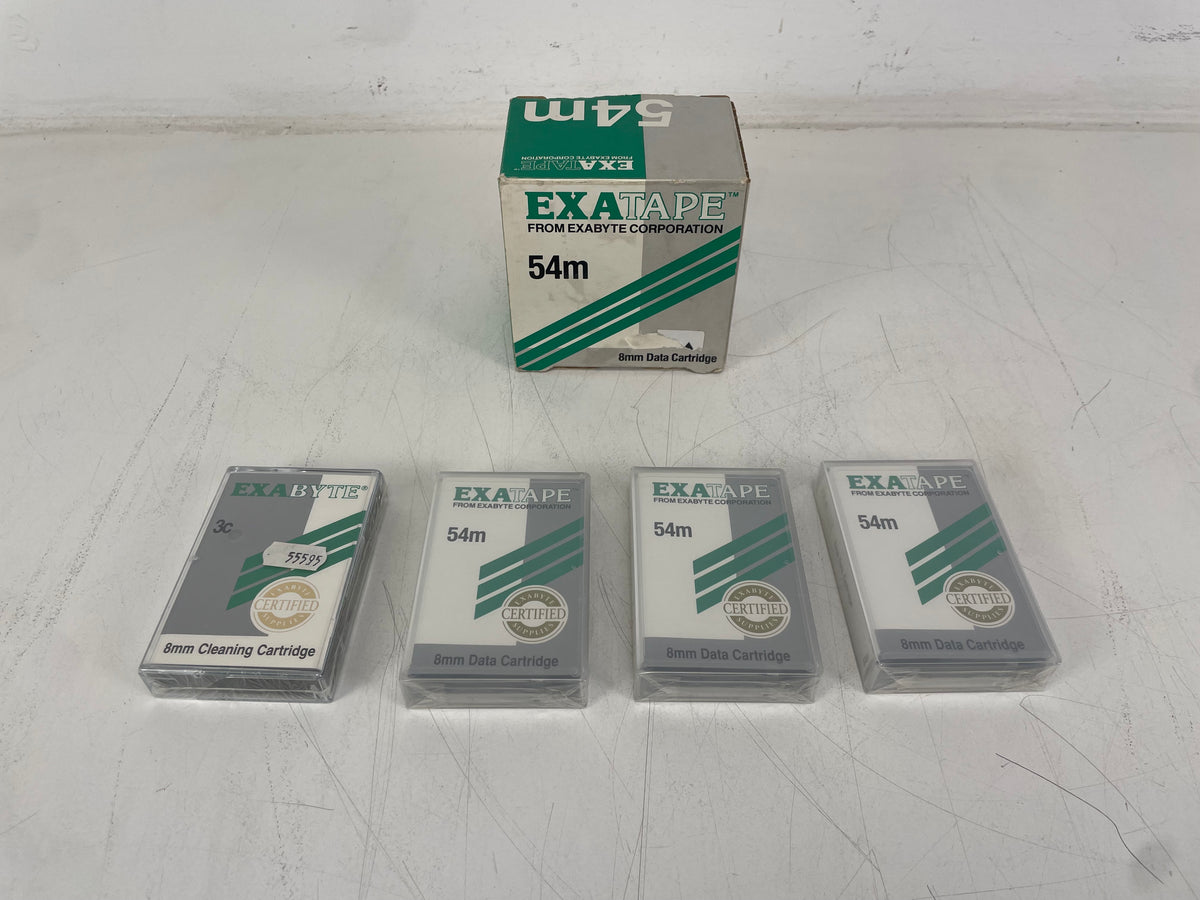 Exabyte – EXATAPE 54m – 8mm Data Cartridges & Cleaning Cartridge – NOS / Sealed (Set of 4)