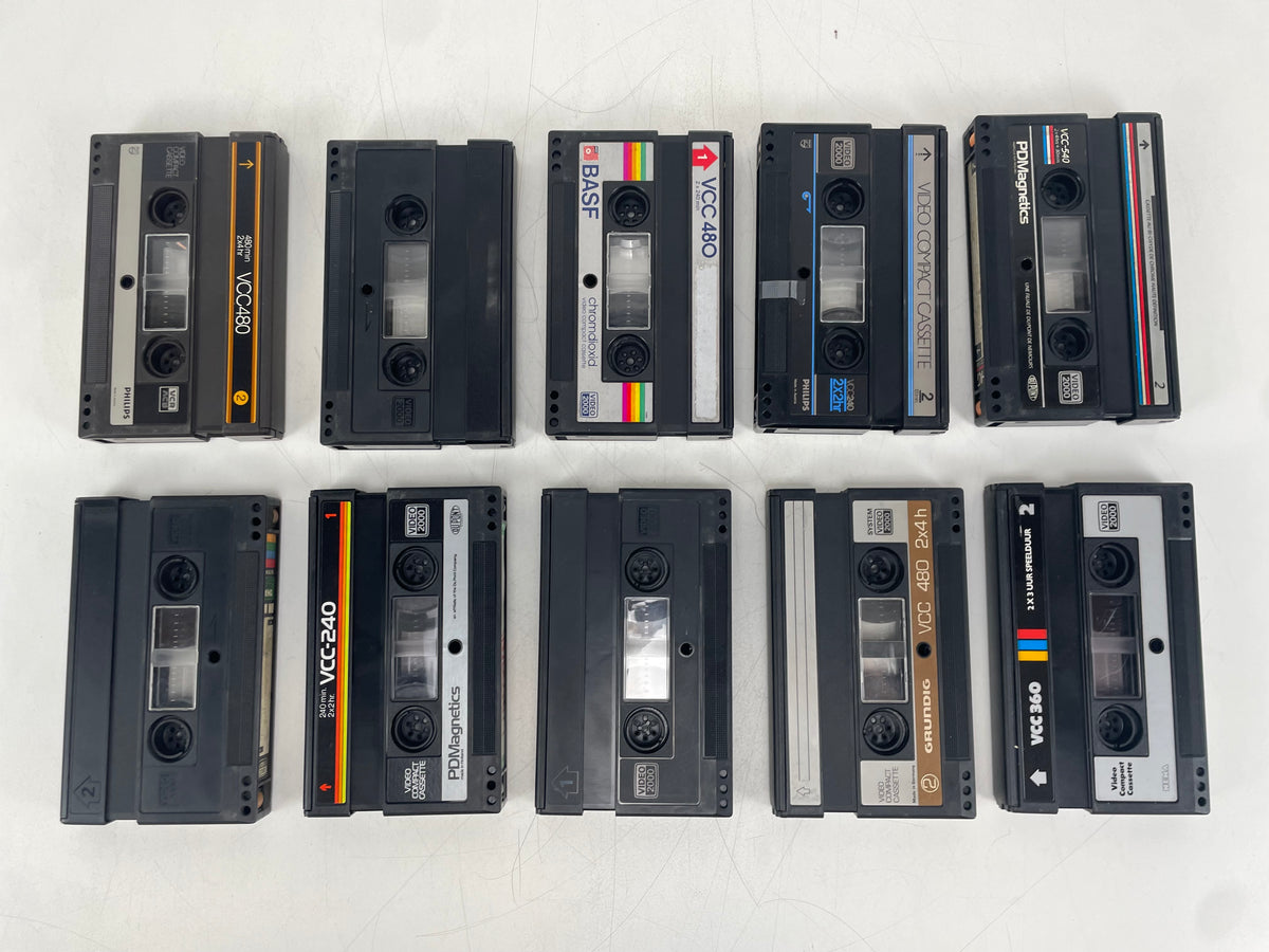 Video 2000 Compact Cassette Lot – 10x VCC Tapes – Philips, BASF, Grundig & PDM – Untested