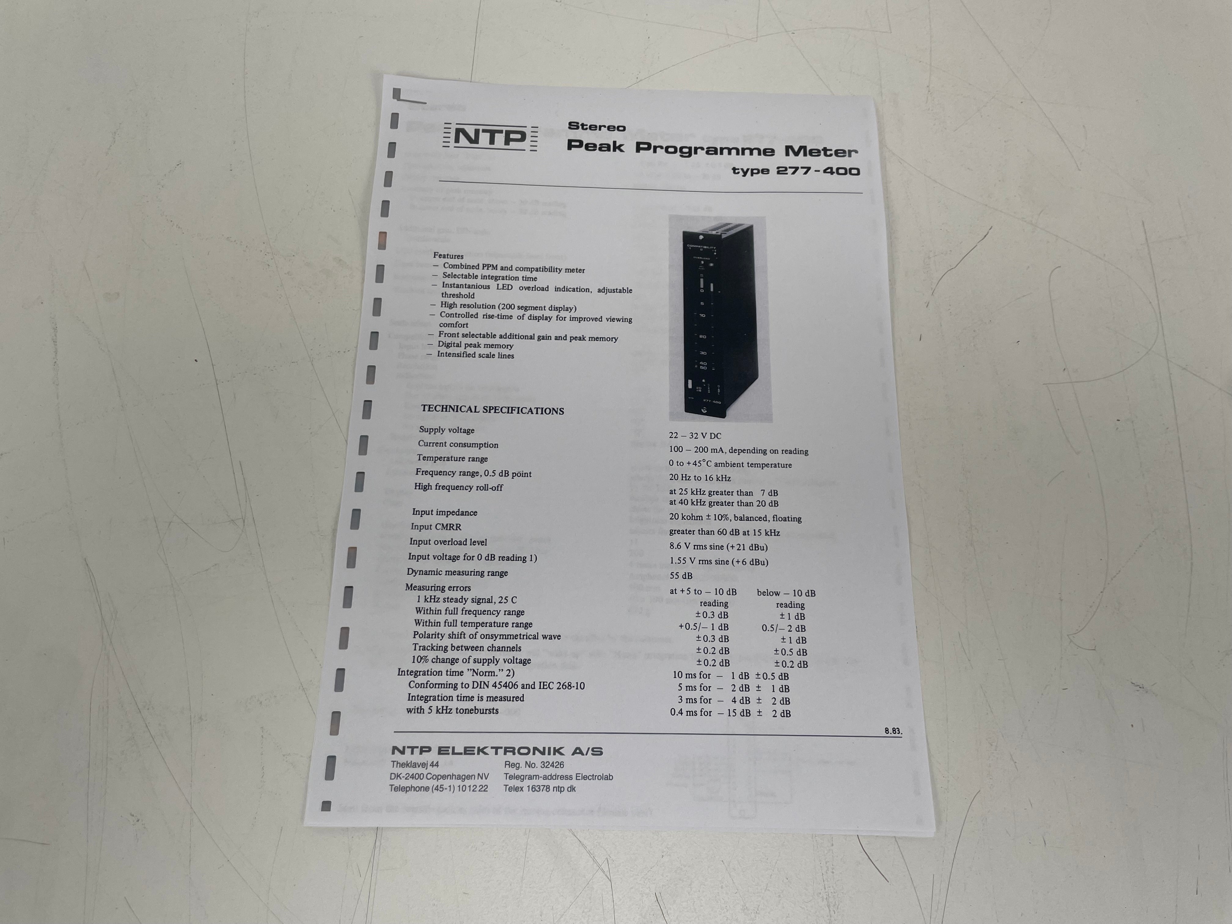NTP - 277-400 - Stereo PPM RMS Phase Correlation Meter - Inc. Specs/Pinout Sheet