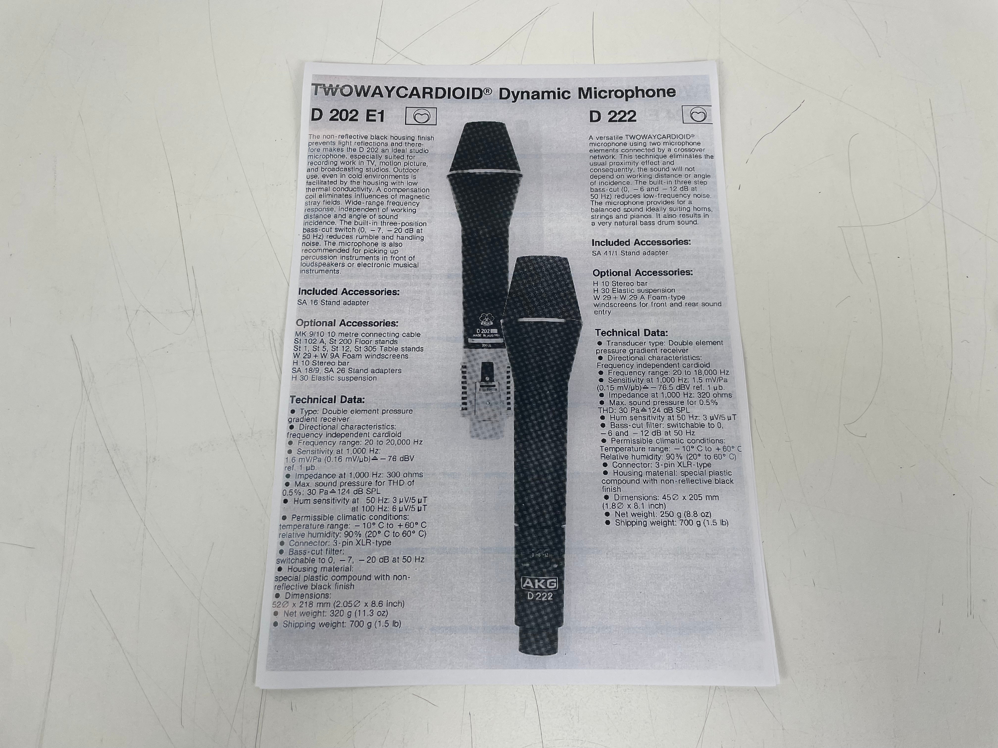 AKG - D222 - TWOWAYCARDIOID® Dynamic Microphone - Matched Pair - 1 Broken Grill - Inc. Specs/FQ-Sheet