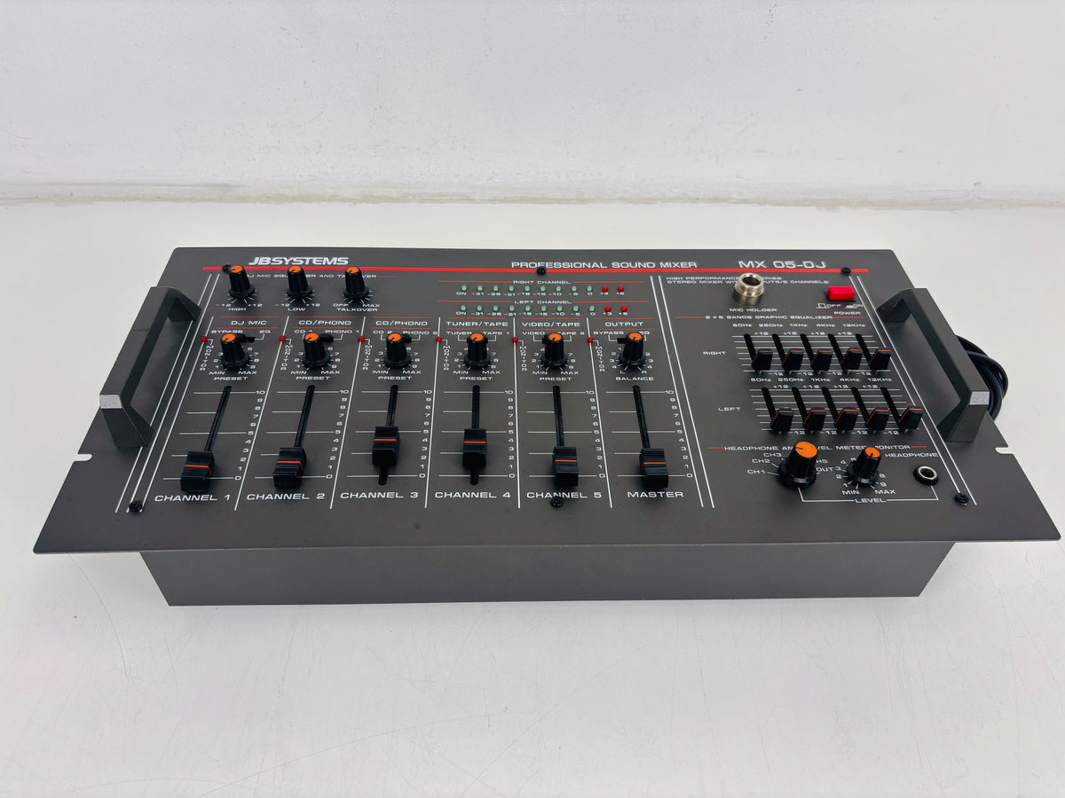 JB Systems - MX 05-DJ - Professional 5-Channel Analogue DJ Sound Mixer - Phono CD Line Inputs - 3-Band Equalizer - Microphone Input - Headphone Cue